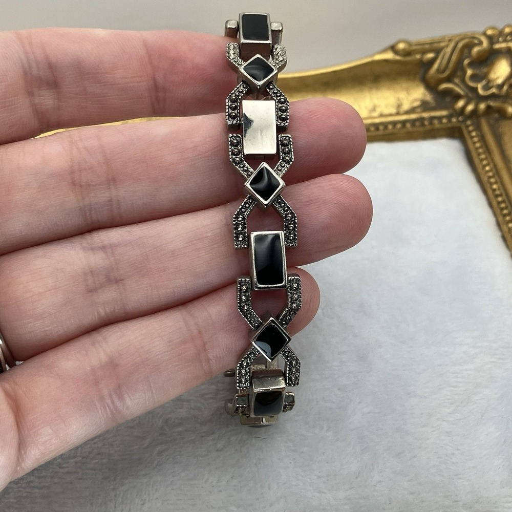 Vtg Silver Tone Art Deco Black Enamel Faux Marcasite Bracelet Great Gatsby Glam